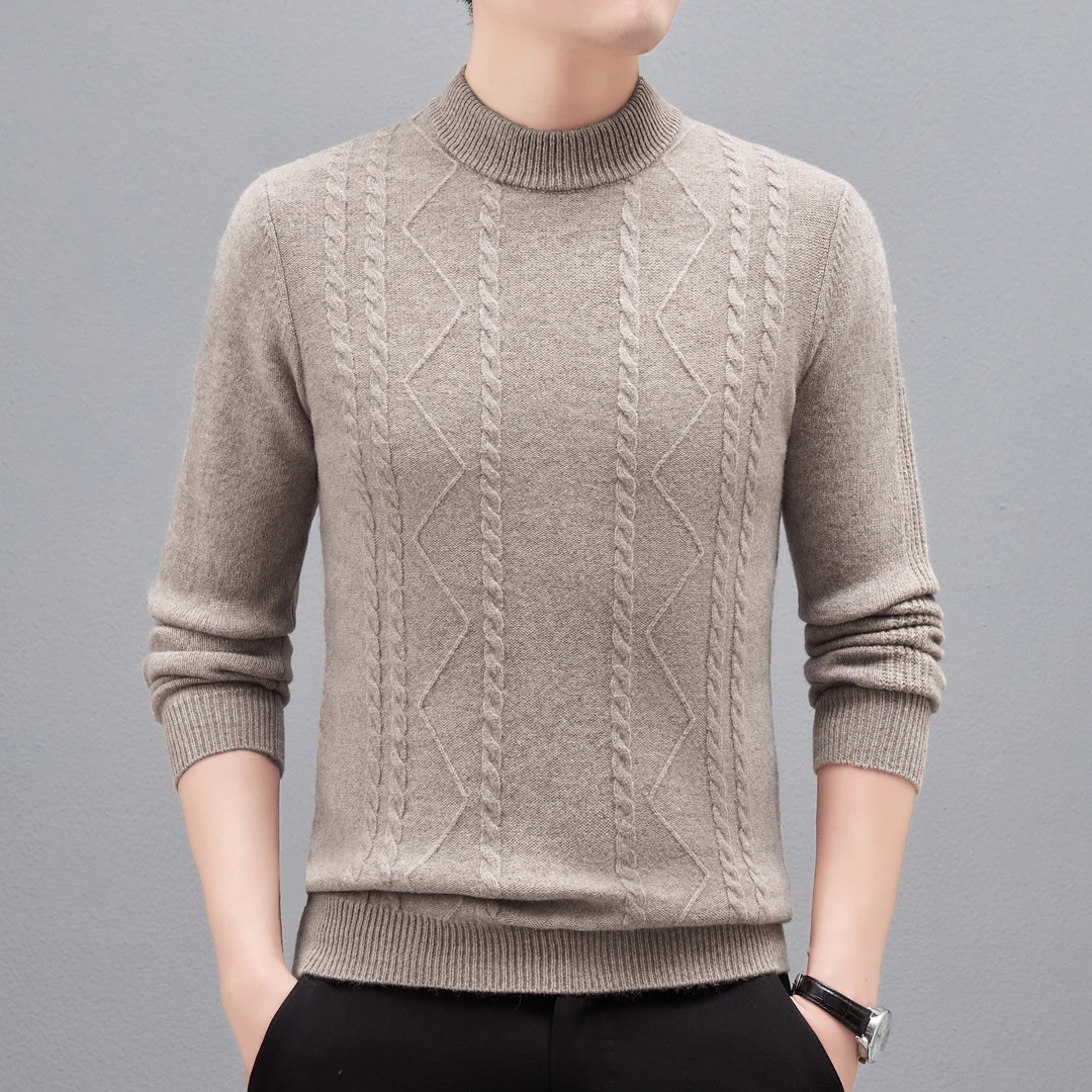 100%羊毛衫新款男士加厚提花圆领毛衣冬季针织打底保暖针织衫