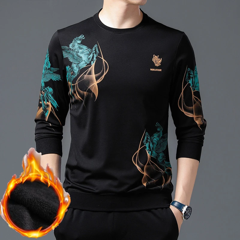 新款长袖男士T恤加绒加厚卫衣休闲潮流百搭打底衫男冬季时尚保暖