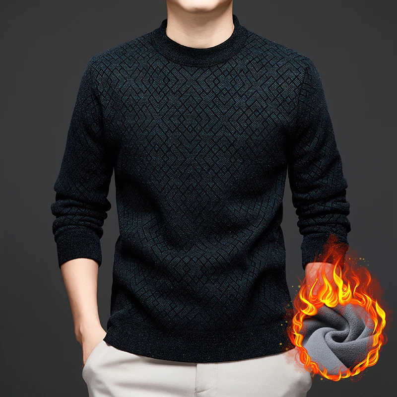 冬季毛衣加绒新款雪尼尔男士针织衫高档圆领针织保暖爸爸加厚打底