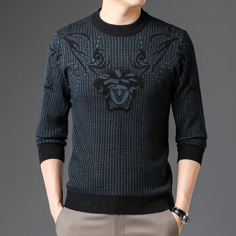 冬季长袖加厚天鹅绒毛衣男中青年圆领针织衫加绒韩版打底上衣保暖