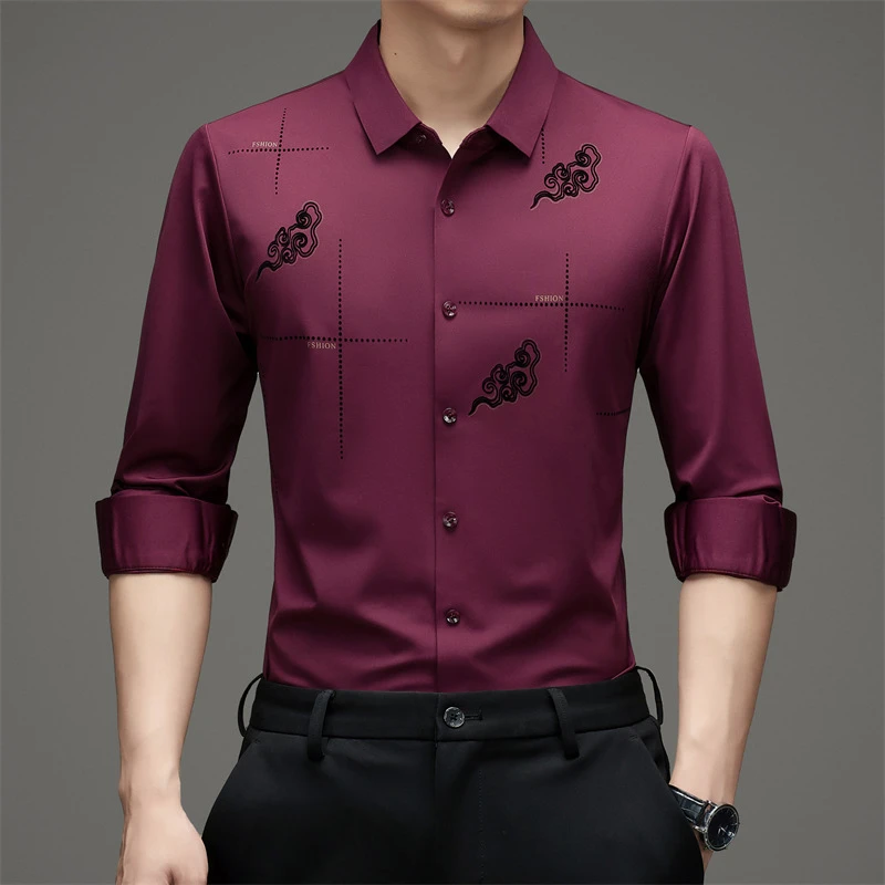 男士高弹力春秋无痕高档衬衣长袖免烫抗皱衬衫百搭中年商务休闲