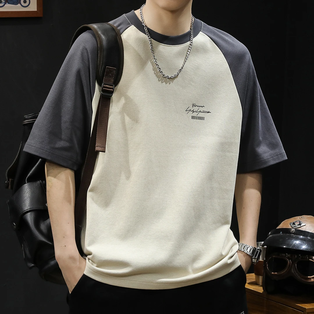 插肩袖拼色短袖t恤男士宽松大码夏季2025新款男款重磅男装体恤潮