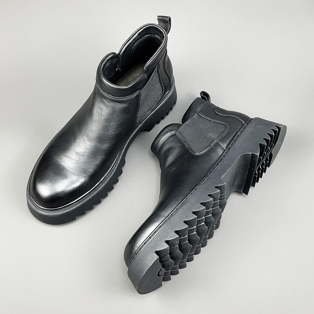 欧洲站新款厚底切尔西靴男头层牛皮英伦风百搭软底一脚蹬马丁靴男