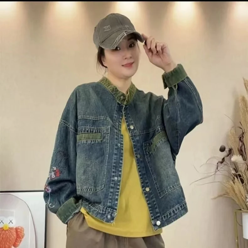 2024新款水洗棉牛仔外套女文艺宽松显瘦休闲减龄撞色立领短款港风