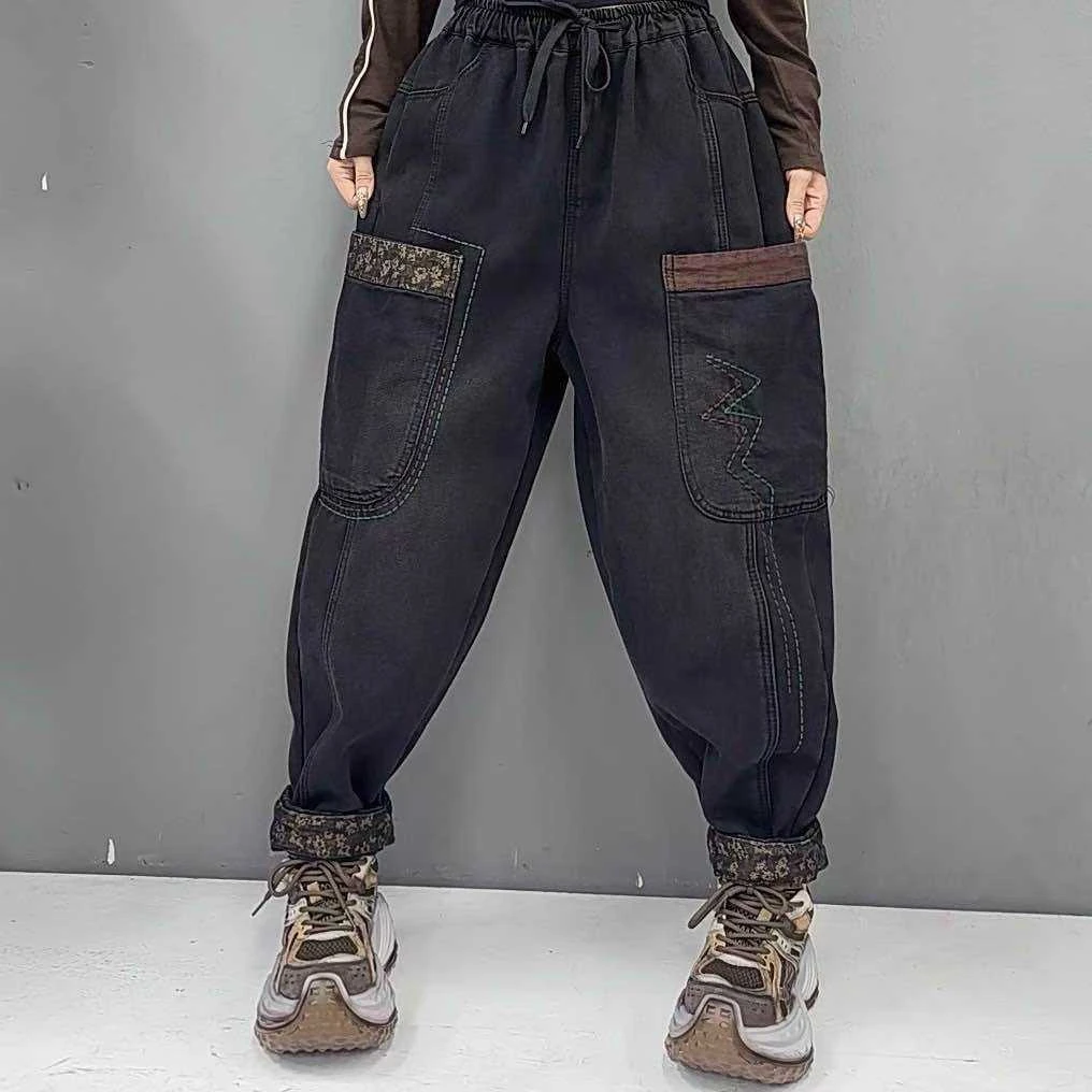 2024冬季加绒加厚花口袋新款宽松时尚休闲松紧腰水洗哈伦裤牛仔裤