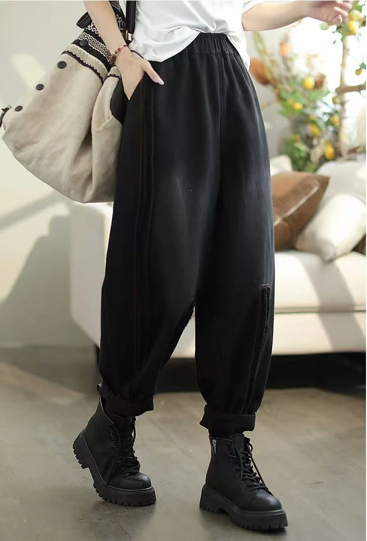 2024冬季加绒加厚单条款新款宽松时尚休闲松紧腰水洗哈伦裤牛仔裤