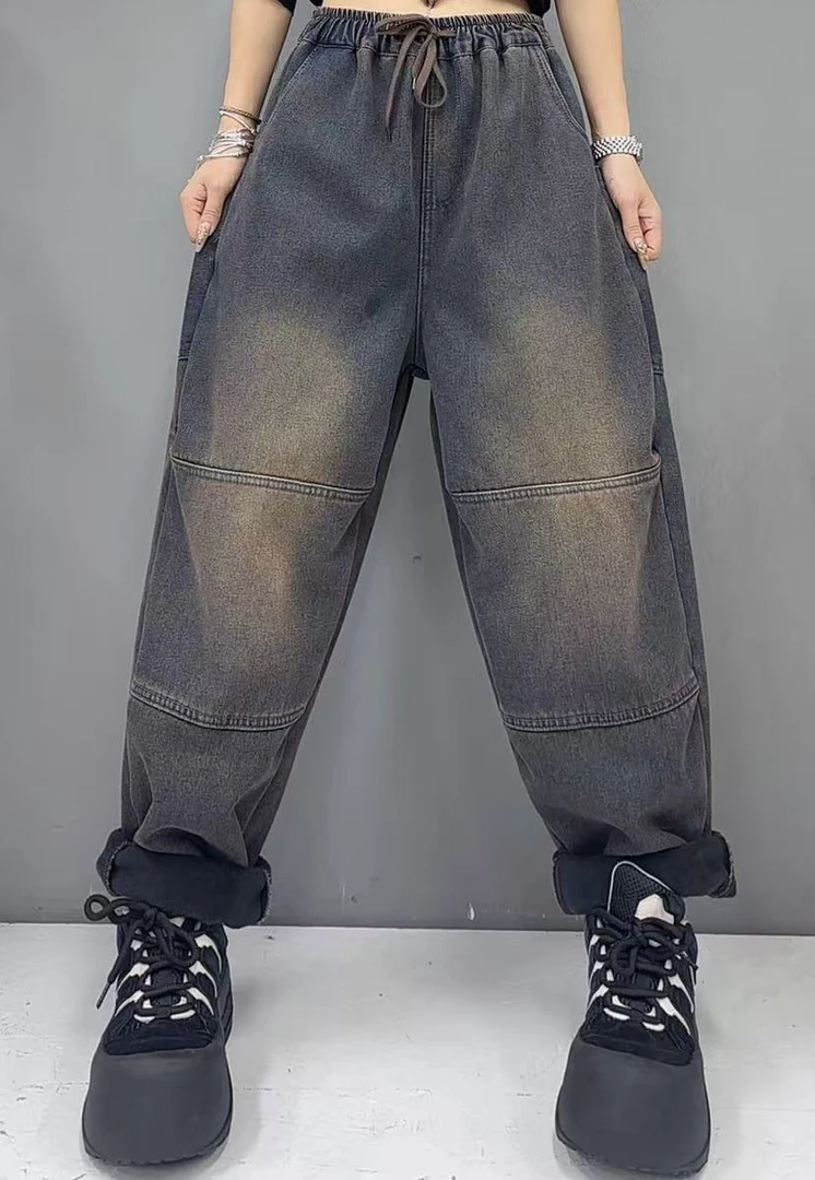 2024冬季加绒加厚简约新款宽松时尚休闲松紧腰水洗哈伦裤牛仔裤