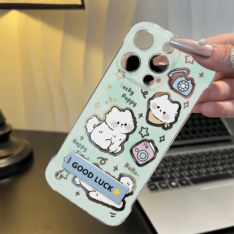 无边框超薄15plus适用12苹果14华为pura70手机壳带支架13小狗16硬