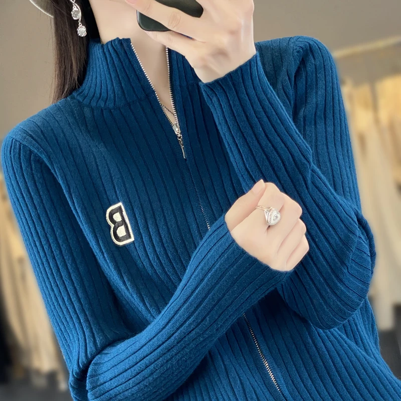 字母双拉链毛针织衫秋冬保暖外套百搭时尚半高领毛衣上衣长袖开衫