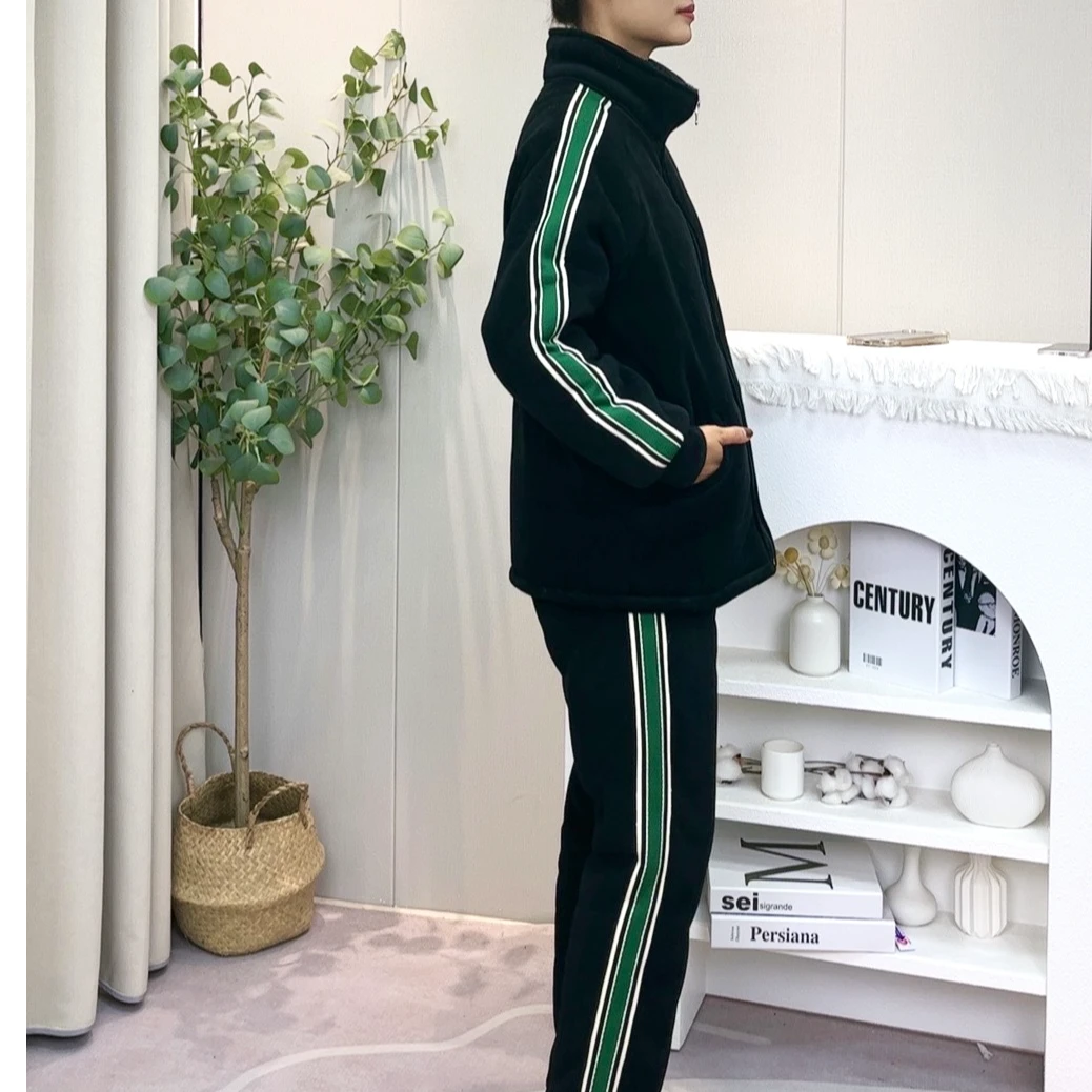 棉睡衣冬季加绒加厚保暖两件套条纹套装立领休闲运动可外穿家居服