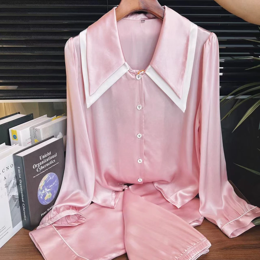 【桑蚕丝源头工厂】6A重磅100%桑蚕丝女士气质真丝睡衣套装领家居服