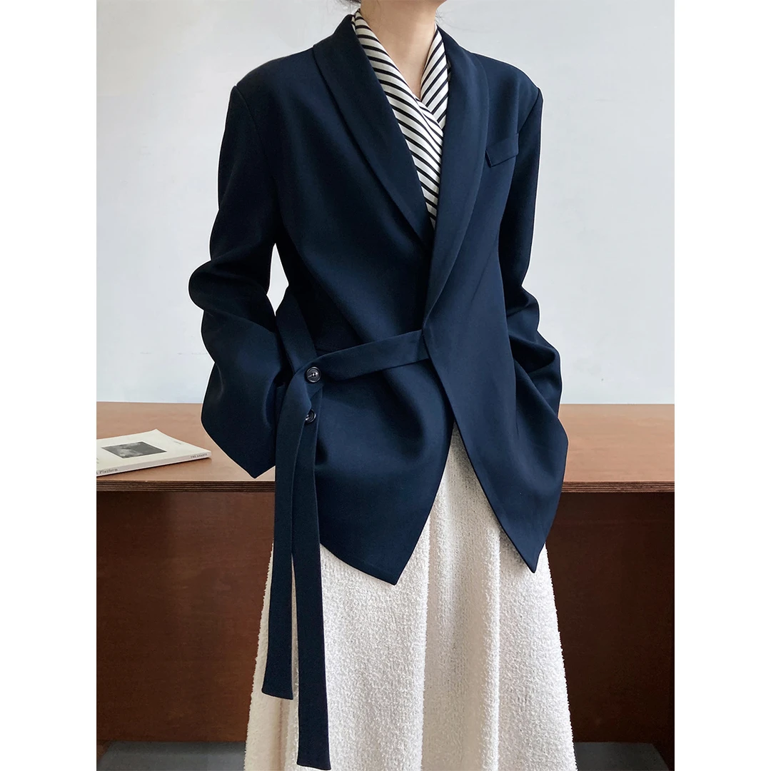 鹿西 高级设计感青果领西装外套女宽松时尚垂感系带西服上衣8825