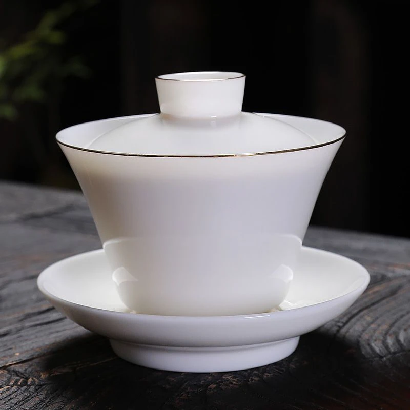 贤亦羊脂玉纯白瓷岩茶专用三才盖碗公道家用陶瓷会客功夫茶具配件