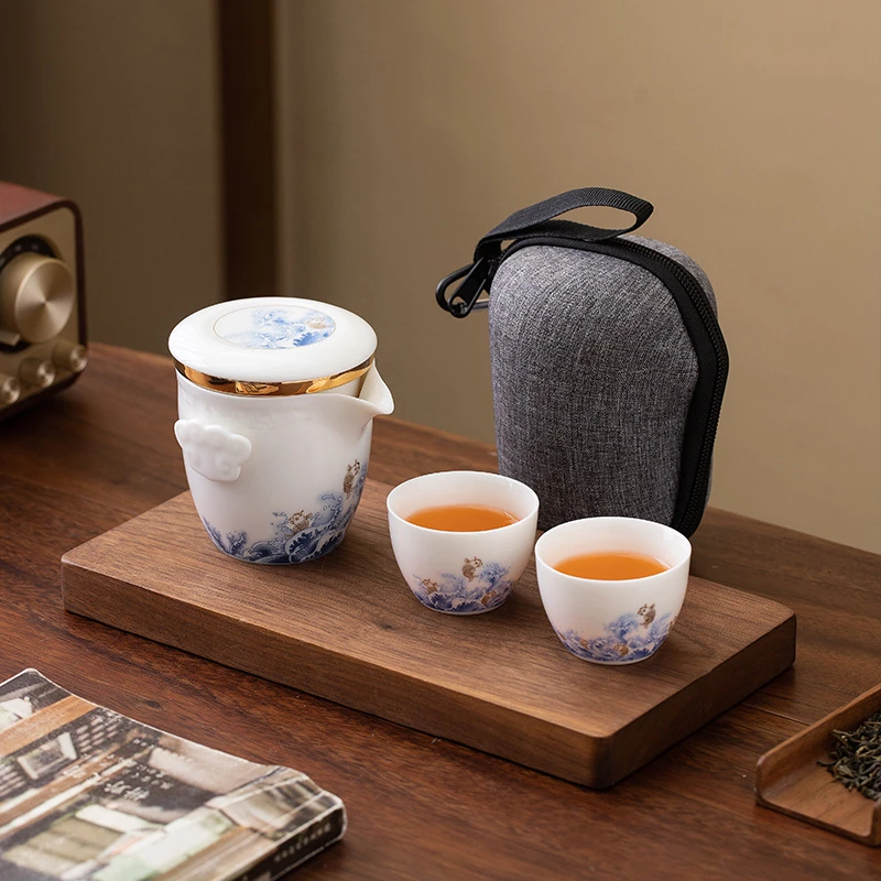 贤亦高档羊脂玉瓷户外旅行茶具露营便携式茶壶防烫一壶两杯快客杯