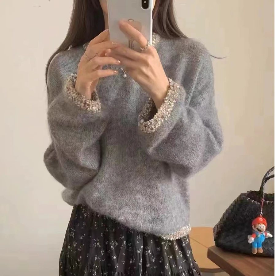 轻奢别致气质灰色设计感洋气2024秋冬高级感时髦温柔风针织上衣