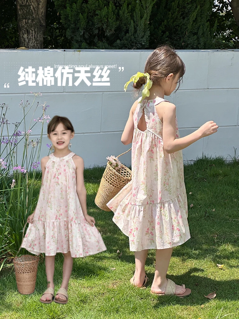 现货【纯棉仿天丝】夏季超轻薄女童海边度假风挂脖碎花连衣裙24W024