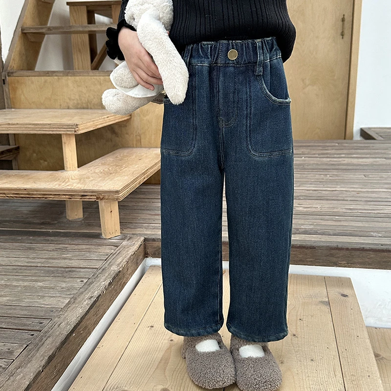 【现货】冬季加绒牛仔裤子宽松休闲女孩女童百搭直筒裤 23Q071