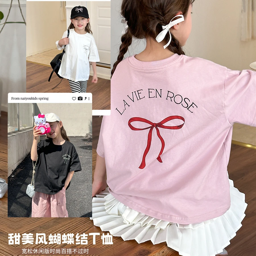 现货【纯棉】夏季薄款亲子中大童短袖女童卡通宽松蝴蝶结t恤 24T080