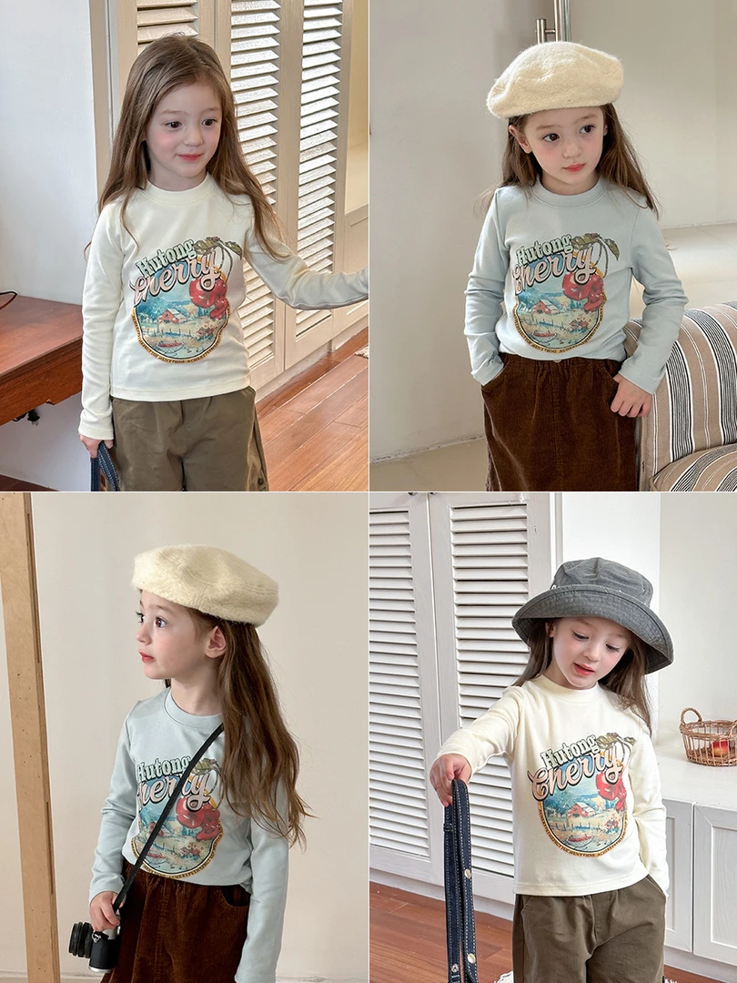 现货【超厚高弹】350g加厚女童儿童早春纯棉长袖t恤辣妹圆领24Y097