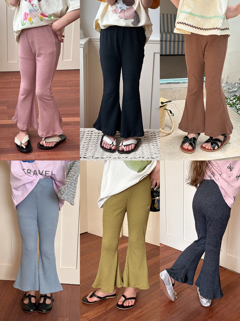 【现货】儿童韩版弹力竹节棉坑条修身长裤喇叭裤 24U014