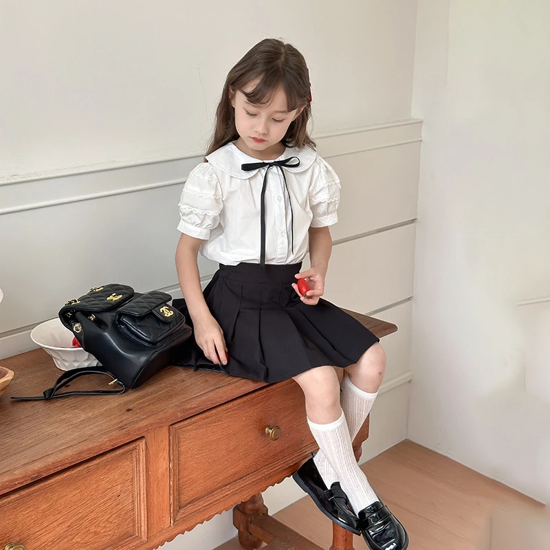 【新款】儿童学院风套装女童泡泡短袖蝴蝶结衬衫 24V015