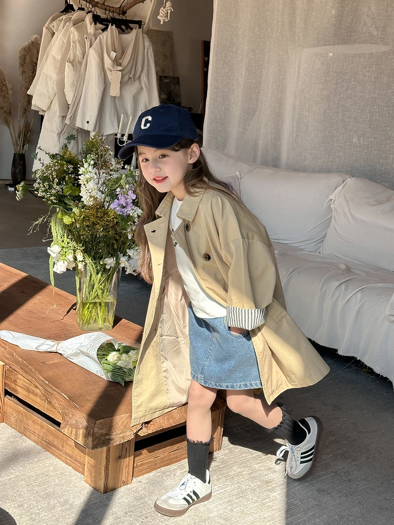 【小梨涡】纯棉女童韩版春款洋气中长款风衣外套儿童24S066