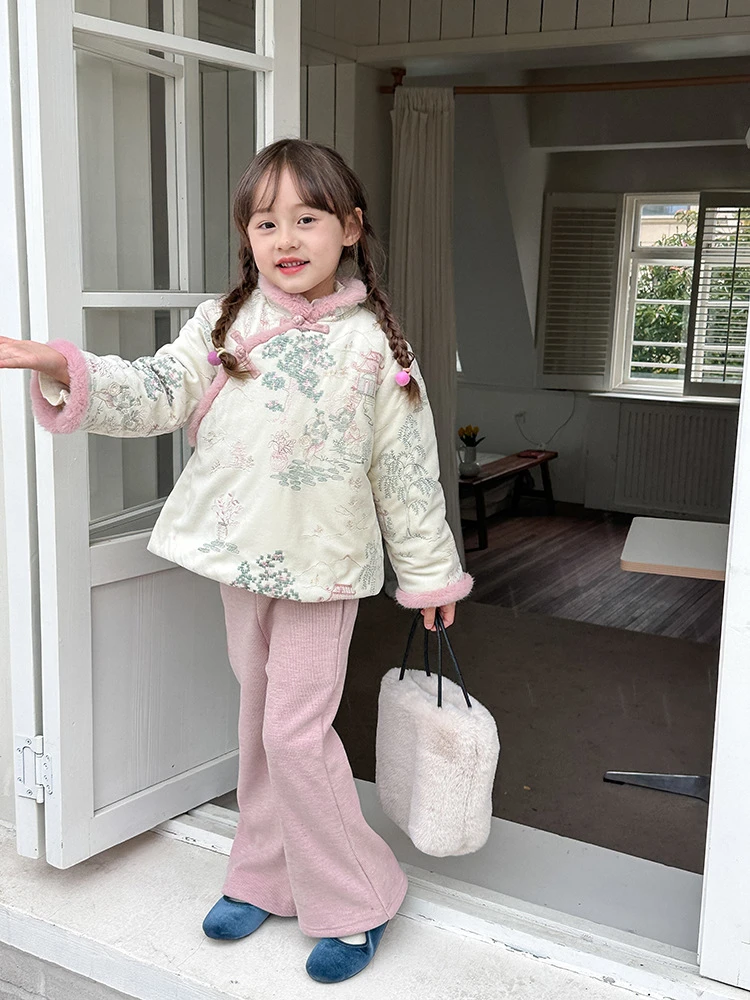 【现货】女童毛边斜襟盘扣中式旗袍棉衣复古长袖拜年服冬23Q089