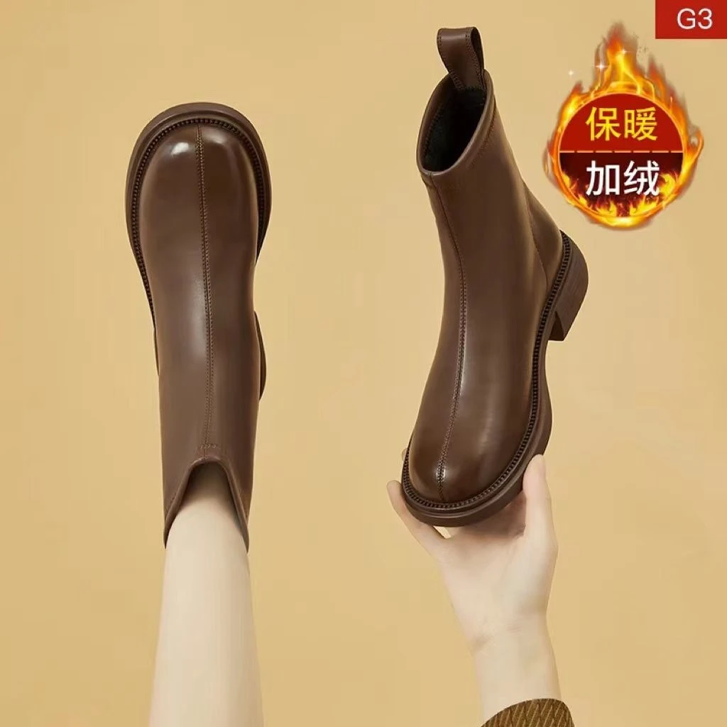 2025新款真皮切尔西靴女厚底春秋单靴软皮低跟短筒靴平底马丁靴女