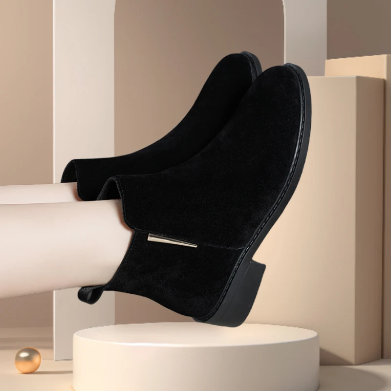 2025秋冬新款真皮磨砂皮短靴女中跟粗跟短筒女靴加绒保暖时尚女鞋