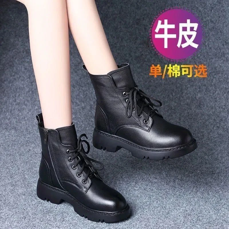 真皮马丁靴女中跟大码2025冬季新款厚底加绒百搭短筒英伦风短靴女