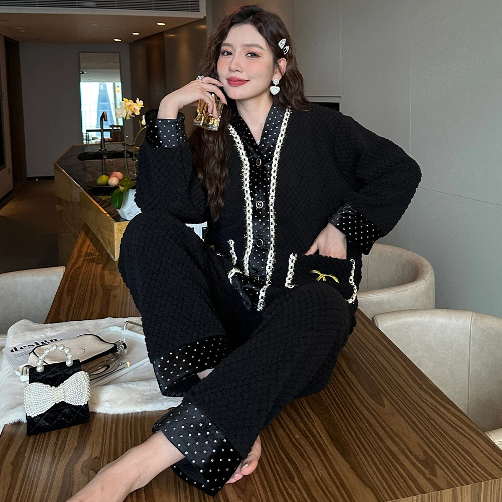 小香风2023年新款秋冬季睡衣女法兰绒加厚加绒保暖珊瑚家居服套装