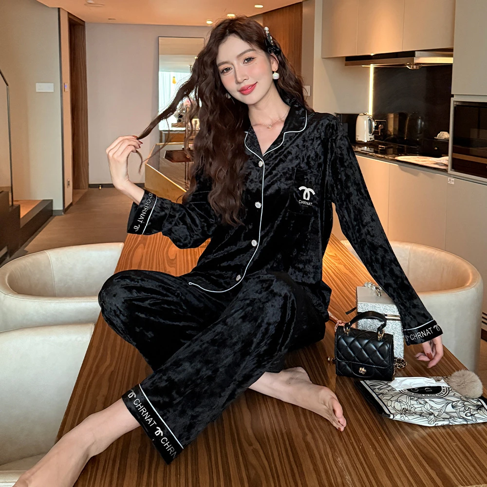 小香风金丝绒睡衣女春秋季2024年新款长袖秋冬天家居服套装可外穿