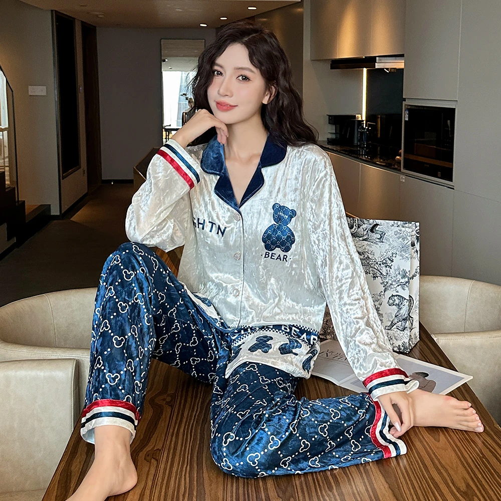 2024年新款金丝绒睡衣女春秋季长袖可爱卡通秋冬家居服套装可外穿