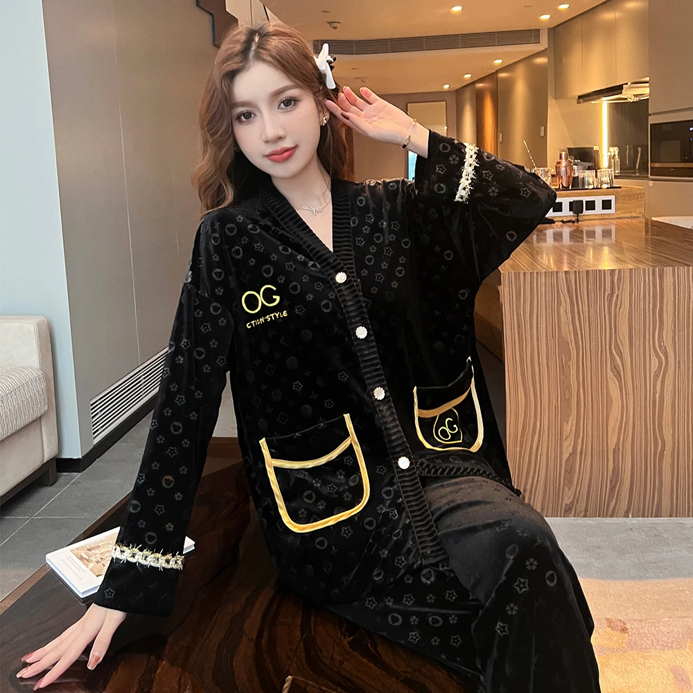 2023年新款小香风金丝绒睡衣女春秋季长袖秋冬家居服套装可外穿