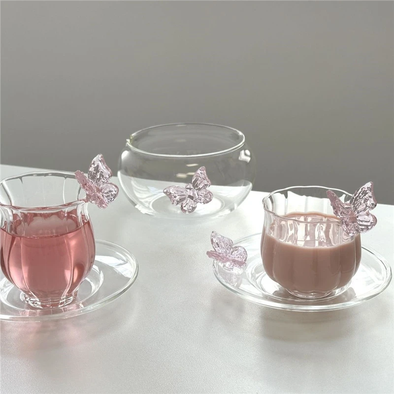十载爱棠水仙蝴蝶杯小品茗杯咖啡杯创意茶杯耐热玻璃主人杯带杯垫