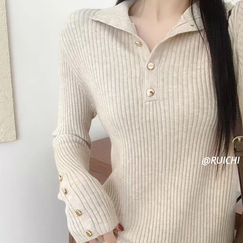 立领单排扣202春季新款时尚袖口装饰百搭修身针织打底衫毛衣女