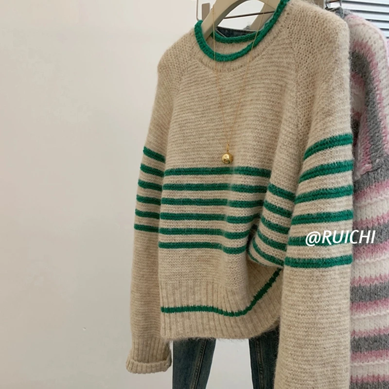 好慵懒~撞色条纹圆领套头2025早春新款宽松毛衣韩版针织衫上衣女