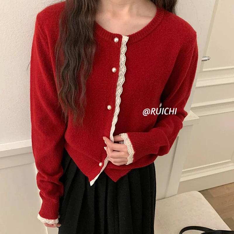 高级感蕾丝拼接2025春季新款圆领针织开衫毛衣外套长袖上衣女慵懒