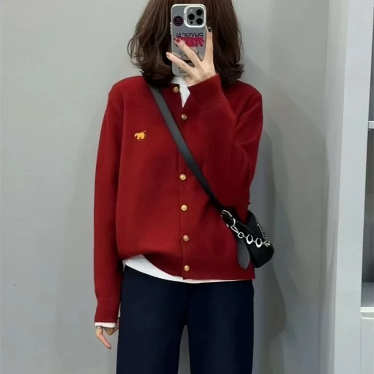 圆领净版小金马刺绣针织开衫春季新款设计感显瘦百搭上衣女