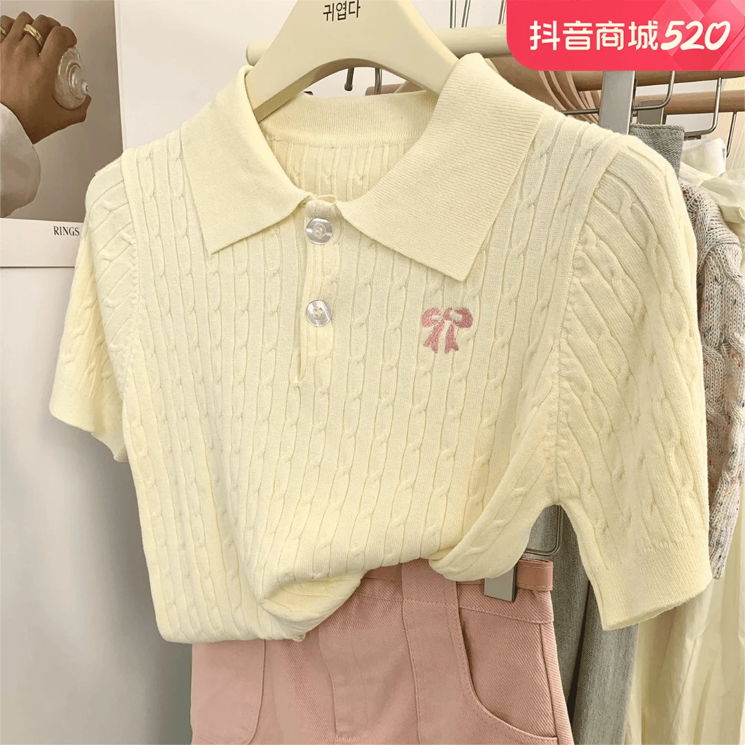 【香草奶盖】蝴蝶结刺绣POLO领短袖T恤短款麻花夏季显瘦针织上衣女
