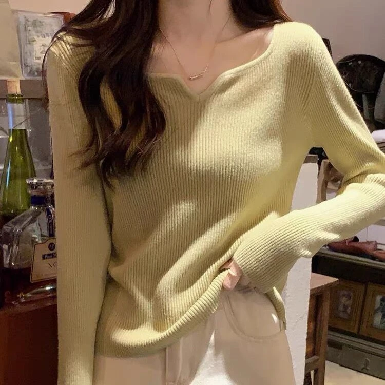 V领针织打底衫2024春秋内搭修身设计感显瘦百搭薄款长袖上衣女
