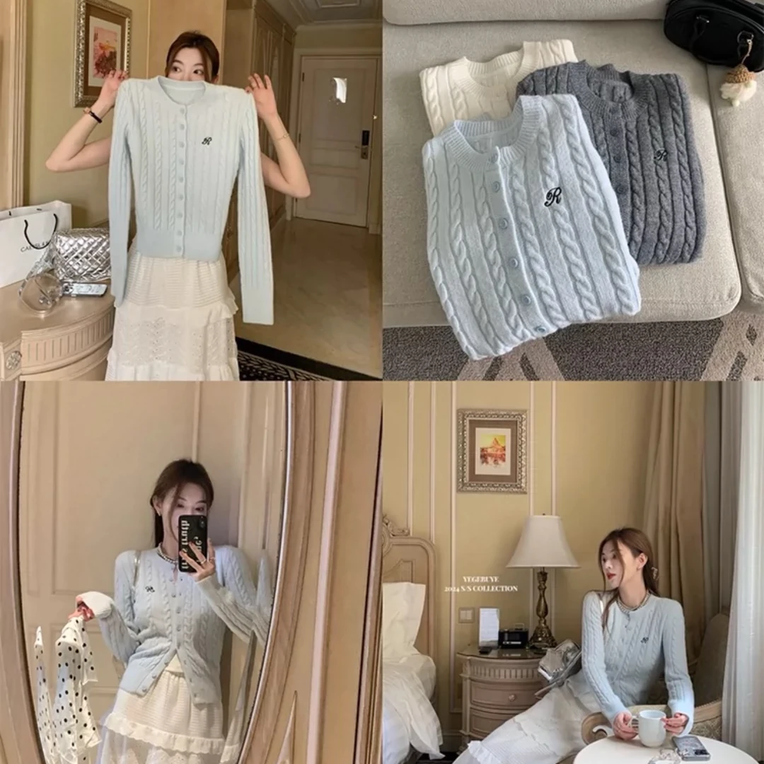 2025秋季新款R字母刺绣圆领麻花针织开衫设计感时尚百搭上衣外套