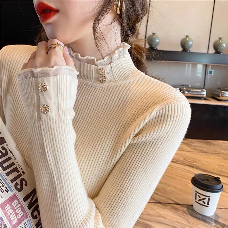2023秋冬新款针织打底衫蕾丝半高领毛衣独特百搭设计感上衣女