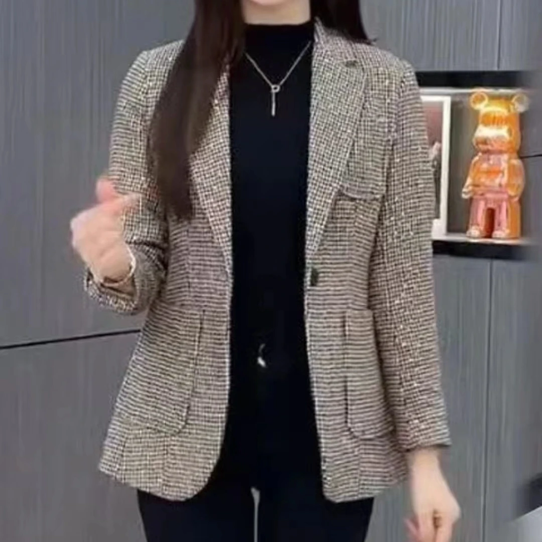 精品时尚韩版西装亮片千鸟格西服女年秋冬新款休闲洋气外套女神范