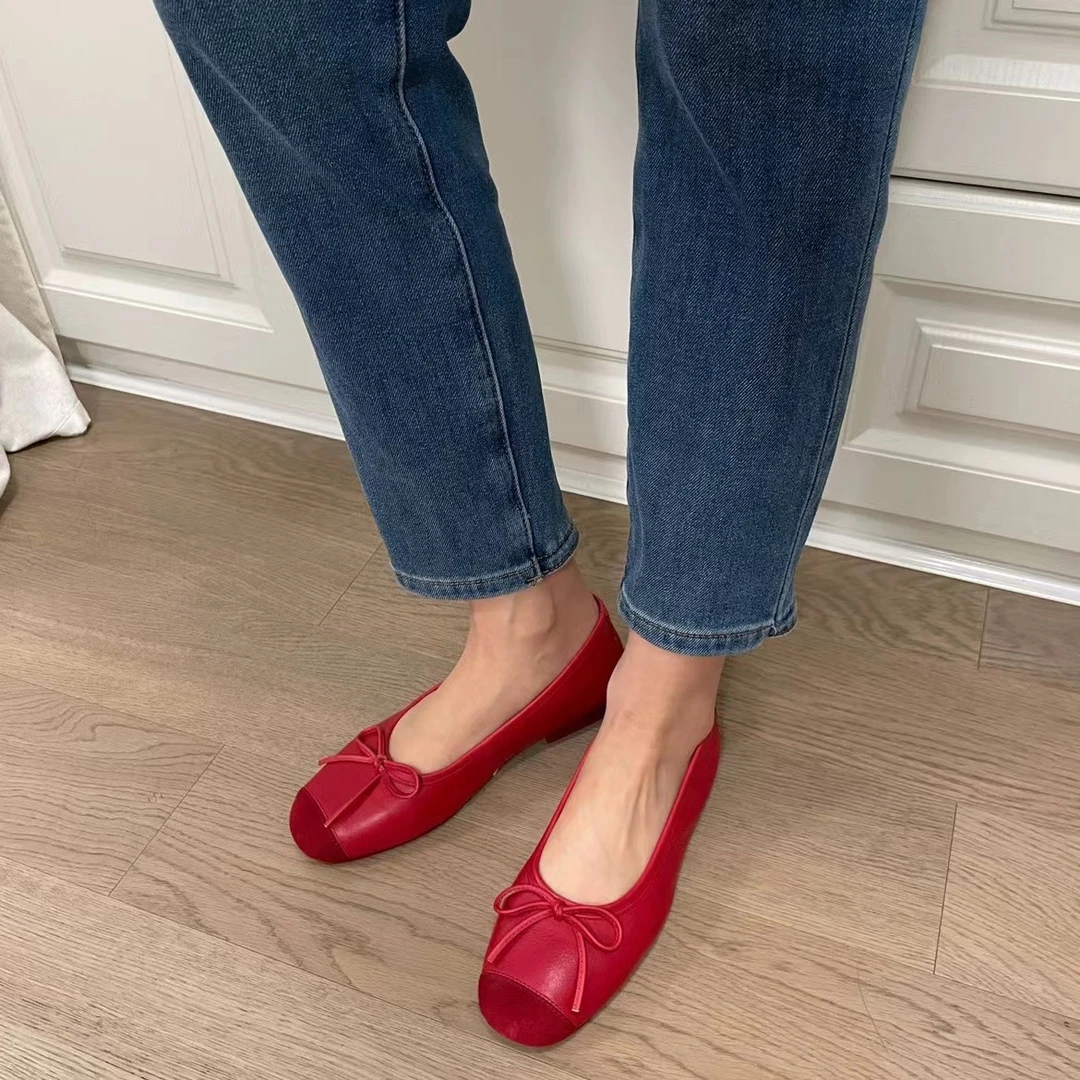 法式复古红色蝴蝶结浅口方头芭蕾平底单鞋