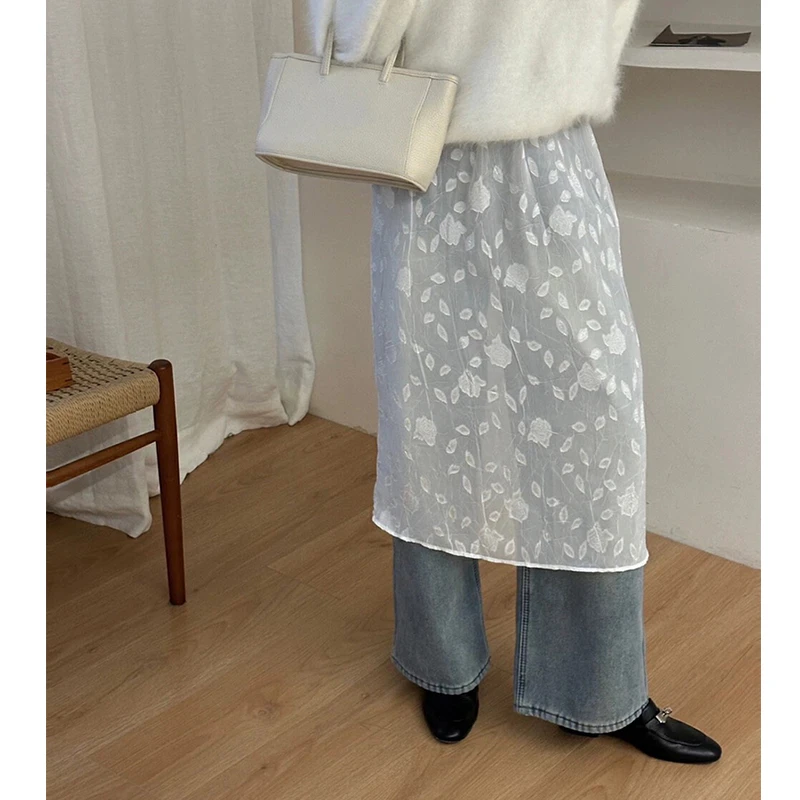 2024年早春新款韩版宽松高腰橡筋开衩设计提花面纱叠穿半裙