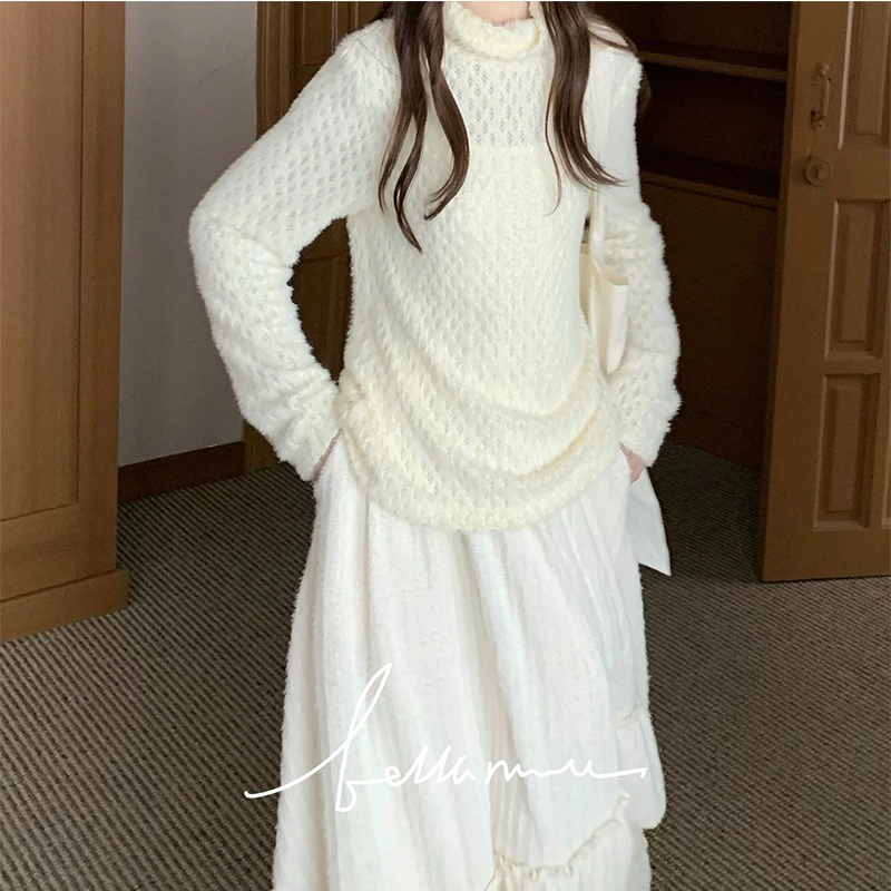 冬季叠穿BI备百搭堆堆领长袖菱形蕾丝弹力打底衫