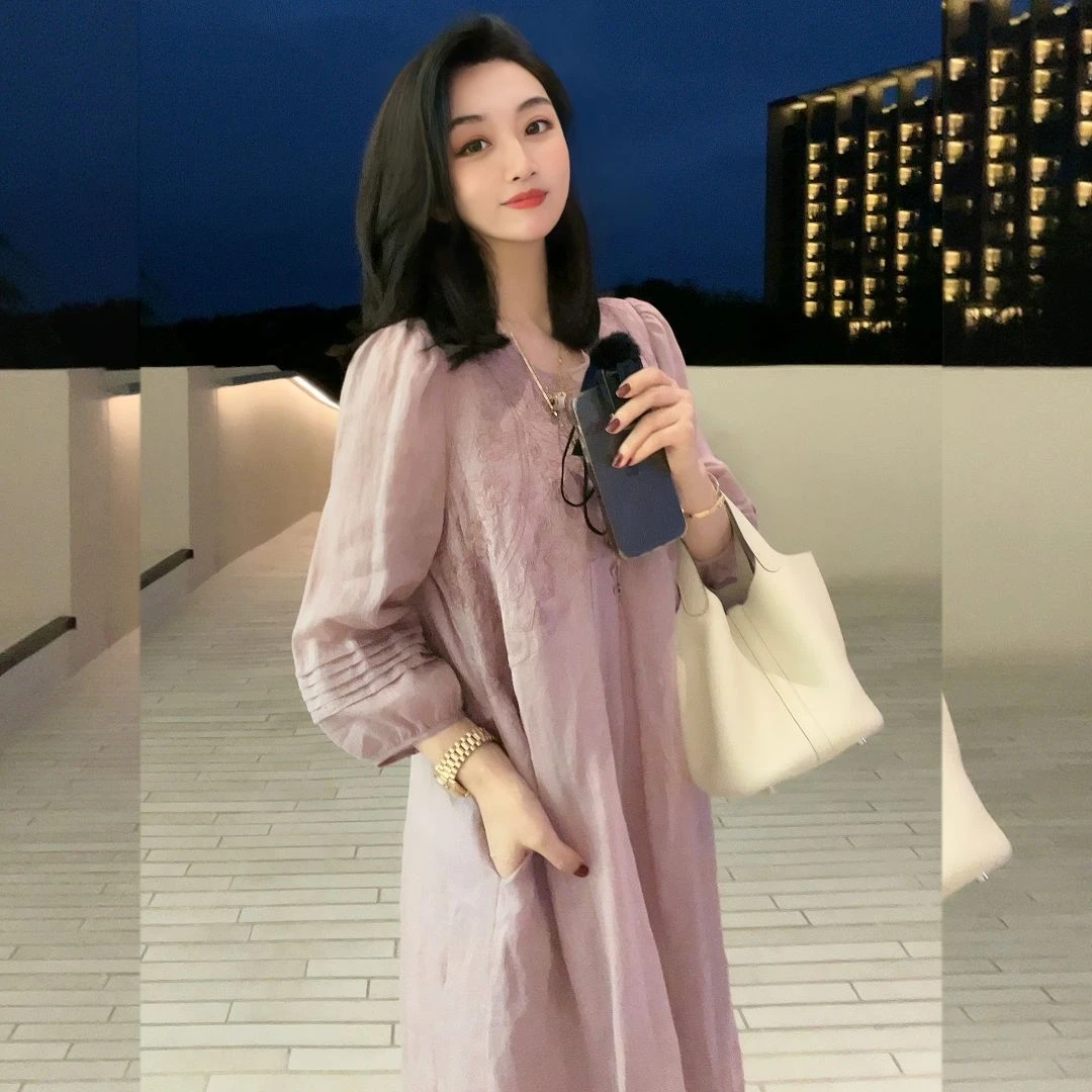 【Linda姐高端线】春夏气质轻奢纯苎麻纯色刺绣连衣裙LA3LJS117