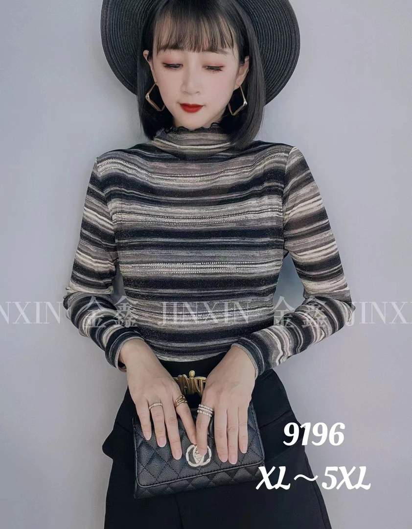 时尚网纱立领晕染条纹高弹力长袖9196