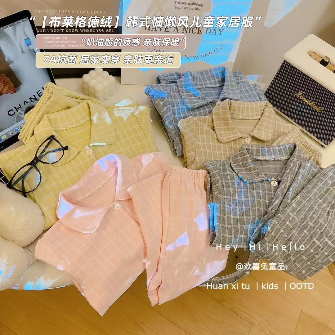 儿童亲肤长袖男童时尚居家格子翻领韩式宽松质感女童德容套装
